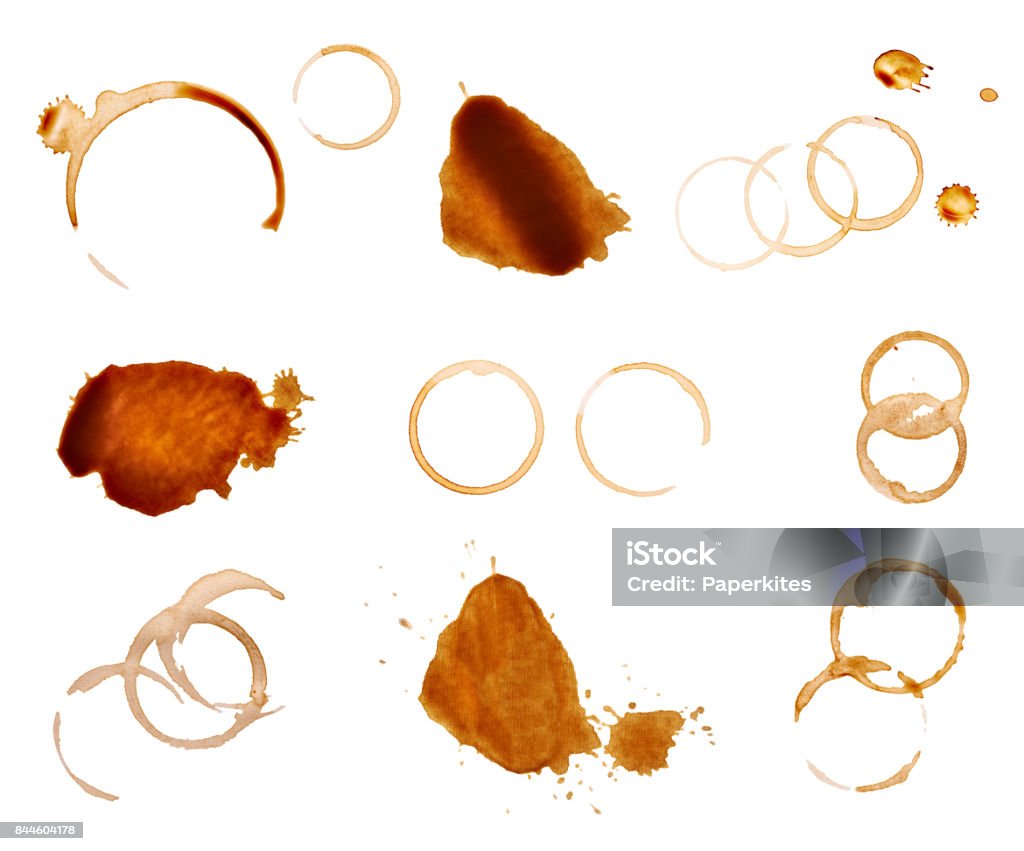 coffee stain fleck drink beverage collection of various coffee stains on white background. each one is shot separately Stained Stock Photo