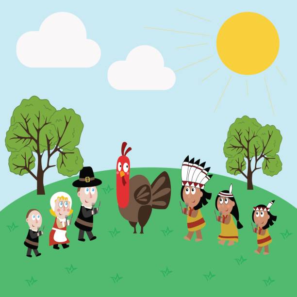 순례자와 인디언 그림 - thanksgiving pilgrim turkey little girls stock illustrations