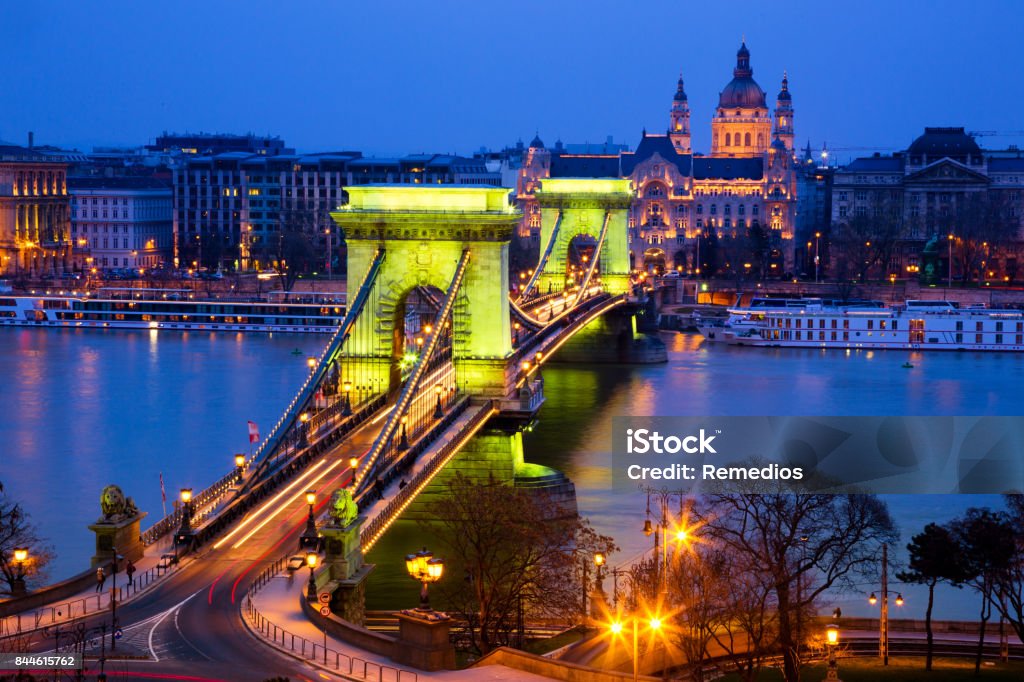 The Chain Bridge at Night, Budapest The Chainbridge (Lanchid) at Night, Budapest, Hungary Architecture Stock Photo