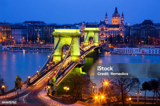 The Chain Bridge At Night Budapest Stock Photo - Download Image Now - Architecture, Blue, Bridge - Built Structure