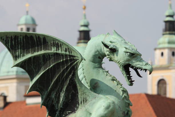 Famous Dragon bridge, Zmajski most, symbol of Ljubljana, capital of Slovenia, Europe.