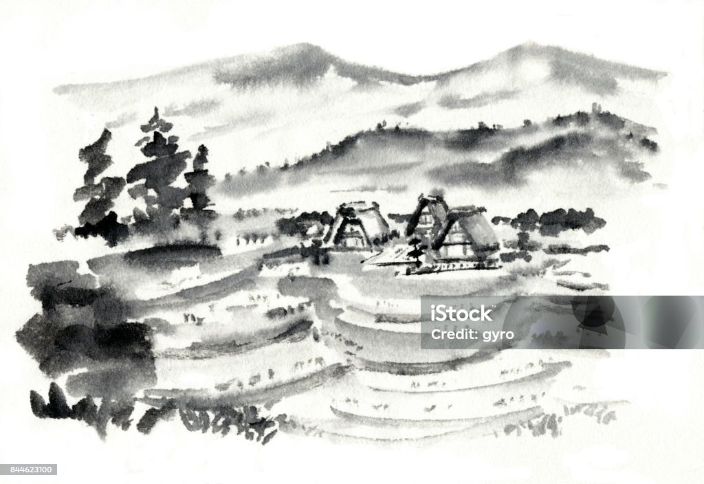 Rural landscape Ink Wash Painting stock illustration