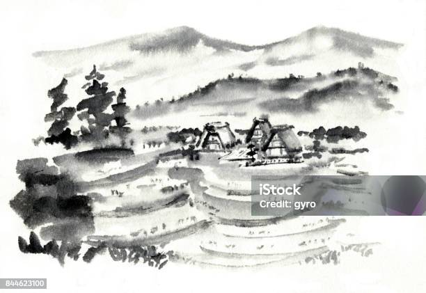 Rural Landscape Stock Illustration - Download Image Now - Ink Wash Painting, Rice Paddy, Mountain