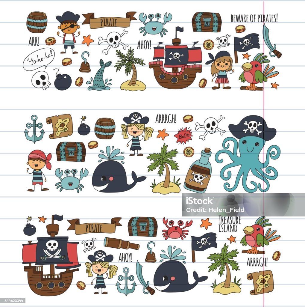 Vector Pirates Children Cartoon Illustration Kids Drawing Style For Kids  Party In Pirate Style Octopus Pirate Ship Sailor Boy Girl Treasure Island  Stock Illustration - Download Image Now - iStock