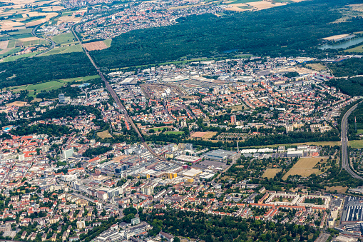 aerial of Hanau near Frankfurt by approaching Frankfurt airport by day