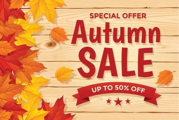 Vector illustration of Autumn Sale on wood background with Leaf