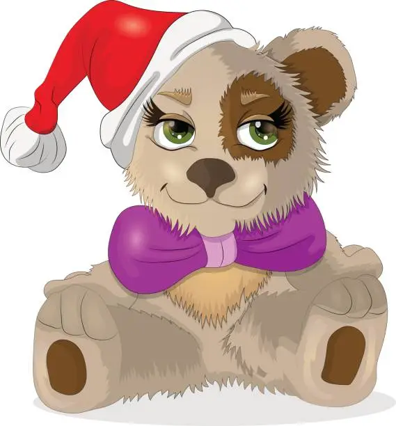 Vector illustration of sitting little bear in a New Year hat