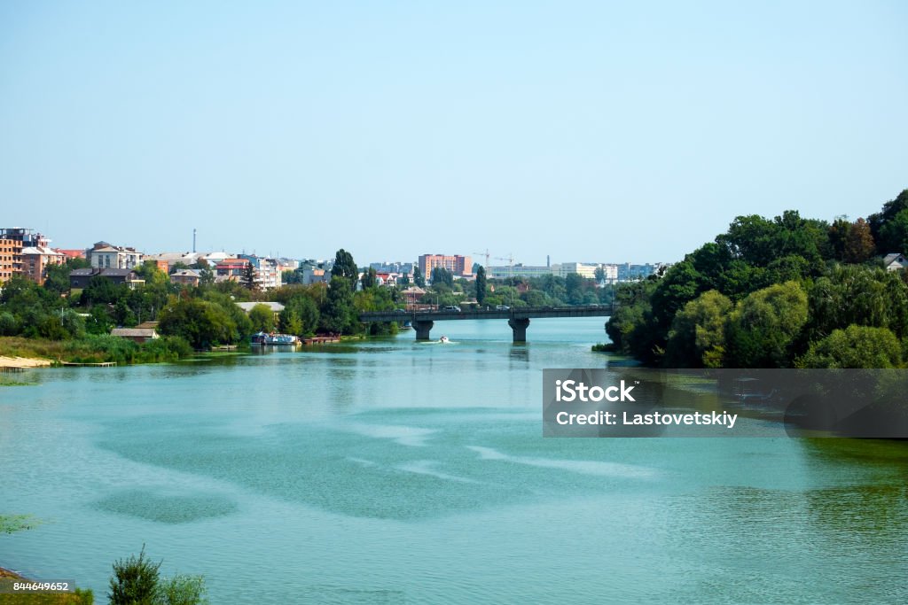 Southern Bug river in the city of Vinnitsa and view of the bridge connecting the old and new city (Ukraine) River Stock Photo