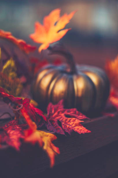 istock Thanksgiving background with leaves and golden pumpkin 844662332