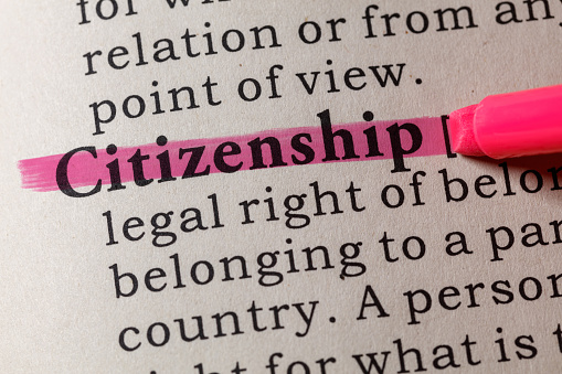 Fake Dictionary, Dictionary definition of the word citizenship. including key descriptive words.