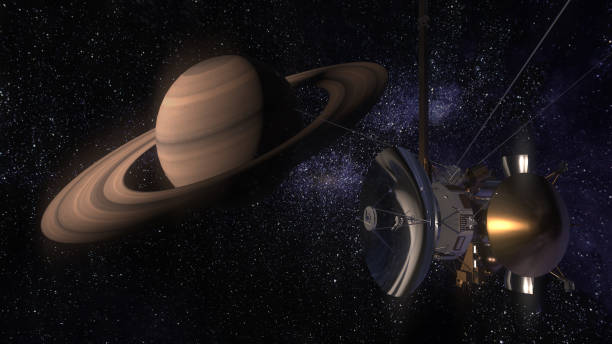 istock Satellite Cassini is approaching Saturn. Cassini Huygens is an unmanned spacecraft sent to the planet Saturn. CG animation. Elements of this photo furnished by NASA. 844686382