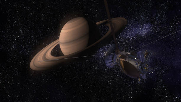 istock Satellite Cassini is approaching Saturn. Cassini Huygens is an unmanned spacecraft sent to the planet Saturn. CG animation. Elements of this photo furnished by NASA. 844687308