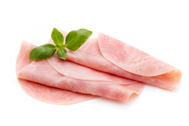 istock Thin slices of ham on white background. 844693474