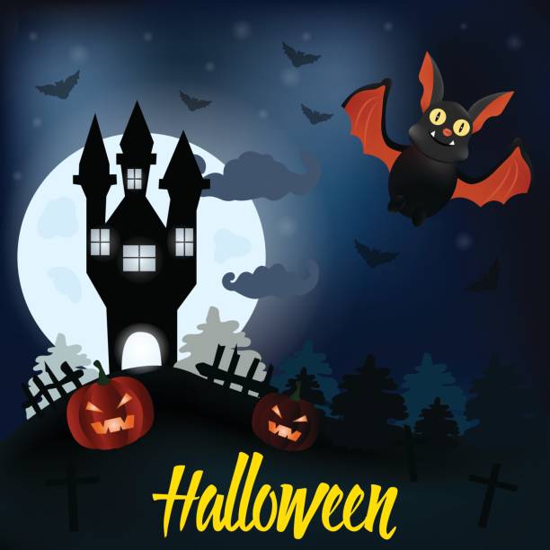 istock Halloween night background with creepy house, pumpkins and bat 844703678