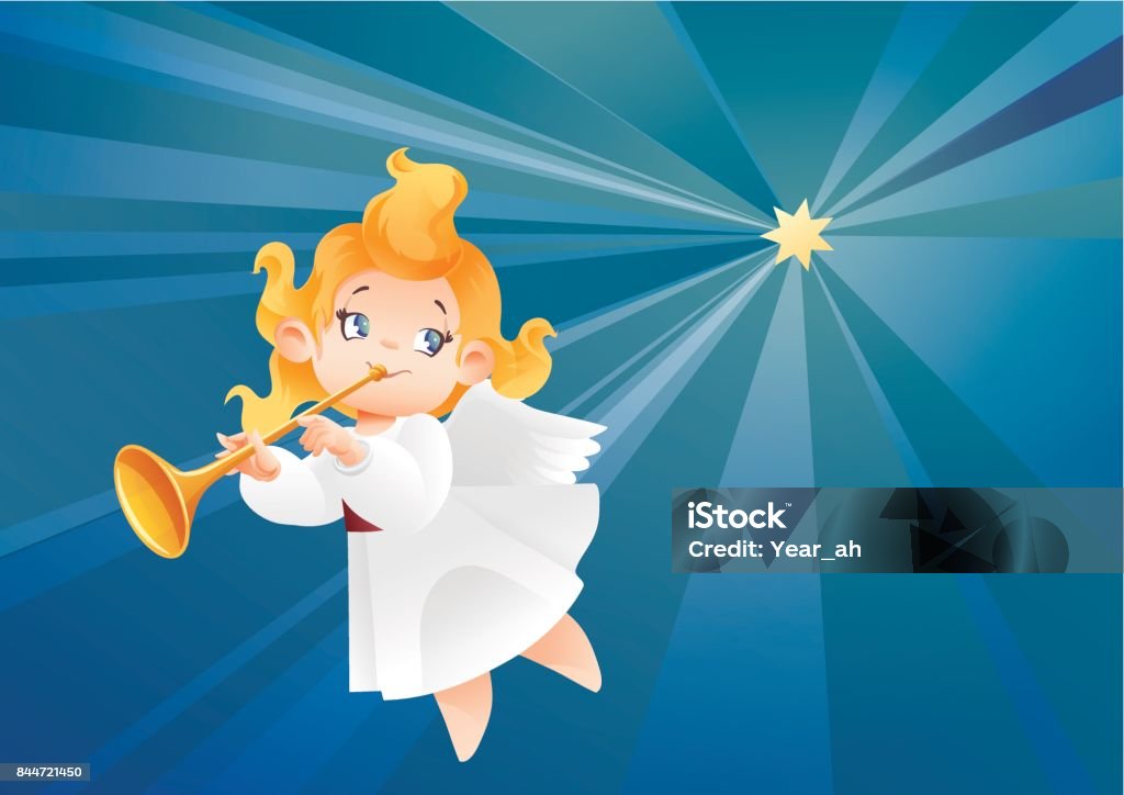 Kid engel musicus vliegen op een nachtelijke hemel, fanfare bellen - Royalty-free Engel vectorkunst Kid engel musicus vliegen op een nachtelijke hemel, fanfare bellen - Royalty-free Engel vectorkunst
