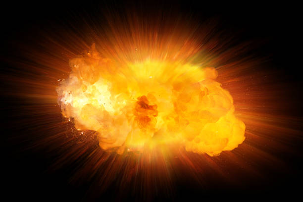 istock Realistic fire explosion, orange color with sparks isolated on black background 844724696