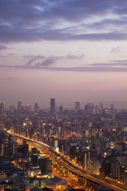 大阪西区から見る中央区の夜明け - 北海道 札幌 道路 ハイアングル ストックフォトと画像