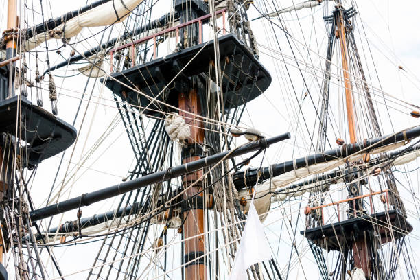 istock Closeup masts and rudders on an tall ship, copy space 844731804