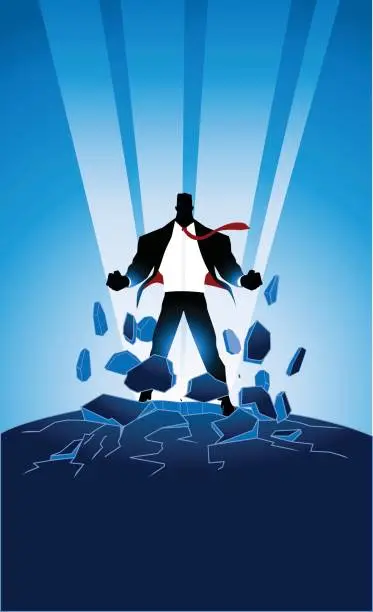 Vector illustration of Vector Businessman Superhero Bursting Energy Out SIlhouette