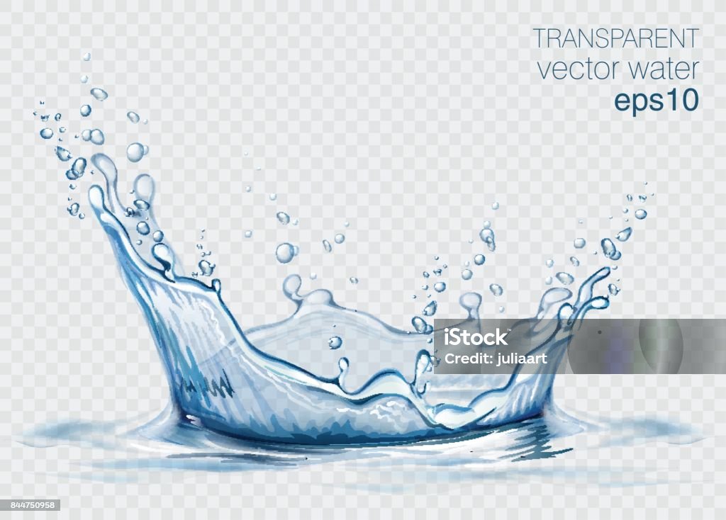 Respingos de água transparente vector e onda na luz de fundo - Vetor de Água royalty-free