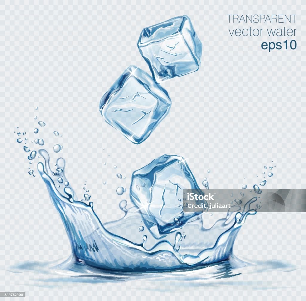 Vecteur transparente eau splash &amp; distributeur de glaçons sur fond clair - clipart vectoriel de Glaçon libre de droits