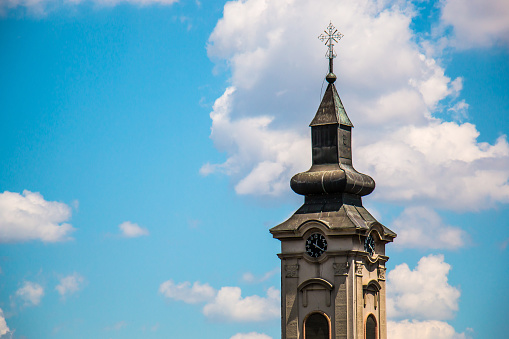 Orthodox church tower with clock in east Europe, Belgrade