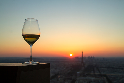 Wine glass with view on paris city at sunset