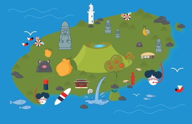 Jeju island map in a cartoon style. Jeju map with various Jeju-do symbols. vector art illustration