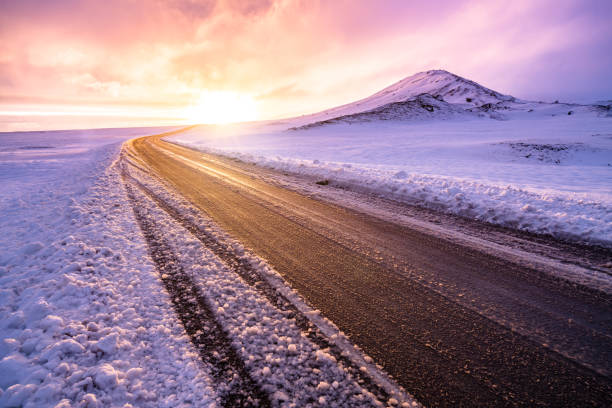 Winter sunset view on the road trip