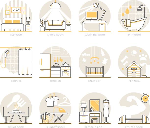 Infographic Icons Elements about Interior Design Infographic Icons Elements about Interior Design. Flat Thin Line Icons Set Pictogram for Website and Mobile Application Graphics. bathtub illustrations stock illustrations