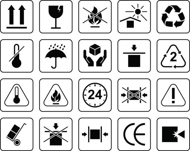 ilustrações, clipart, desenhos animados e ícones de conjunto de empacotamento símbolos incluindo frágil proteger do sol, processamento, protegido da umidade e outros sinais. pode ser usado na embalagem. - parcel label