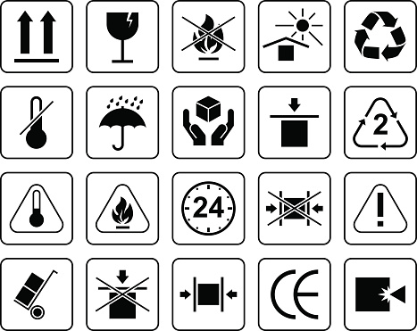 Set Of Packaging Symbols including fragile, to protect from the sun, processing, protected from moisture and other signs. Can be used on the packaging.