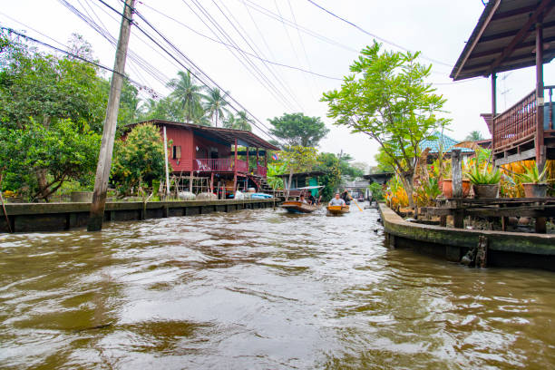 schwimmender markt, bangkok, thailand - stand up paddling stock-fotos und bilder