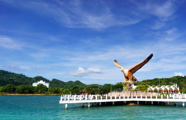 Langkawi, Malaysia - 3rd May 2017: Shot of Langkawi's famous landmark the Eagle square, Dataran Lang, from the sea in front of it. The blue cloudy sky and beautiful blue water show how Malaysia's beauty