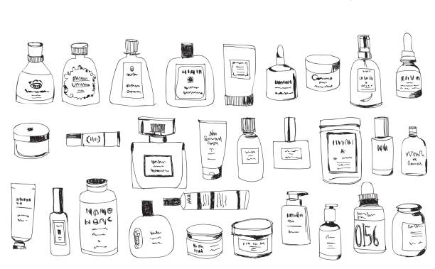 hand drawn bottles vector image, hand drawn illustration beauty product illustrations stock illustrations