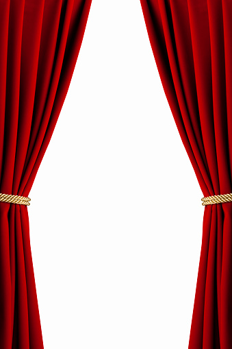 Red velvet stage curtain. Vertical composition. 3D rendering.