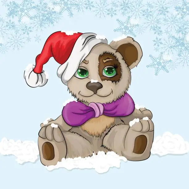 Vector illustration of sitting little bear cub on the snow in a Christmas hat