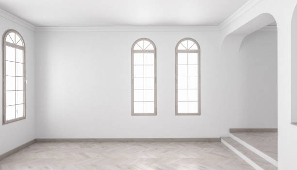 istock Unfurnished Building Interior with a Raised Floor and Arched Windows 845051432