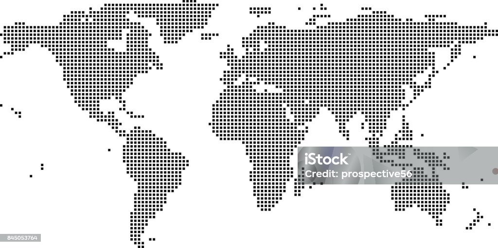 Points de carte mondiale très détaillées, parsemées de contour vecteur de monde carte, carte du monde pixélisé dans fond illustration noir et blanc - clipart vectoriel de Planisphère libre de droits