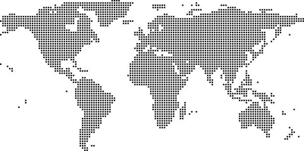 ilustrações, clipart, desenhos animados e ícones de pontos de mapa mundo altamente detalhados, pontilhada de contorno de vetor mundo mapa, mapa do mundo pixelado em fundo preto e branco de ilustração - outline mexico flat world map