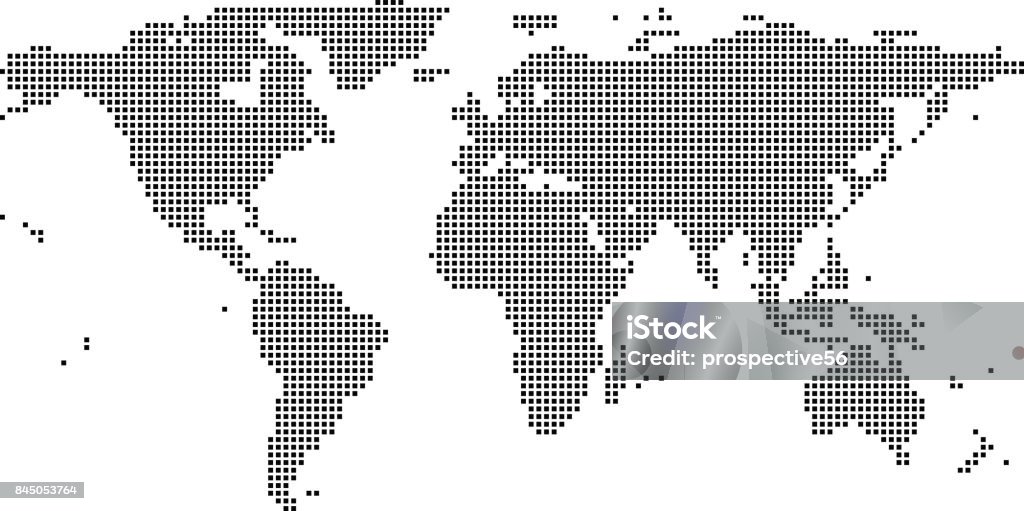 Highly detailed World map dots, dotted World map vector outline, pixelated World map in black and white illustration background This abstract dotted map of World is accurately prepared using the overlaid vector map of the World with highly detailed information. World Map stock vector