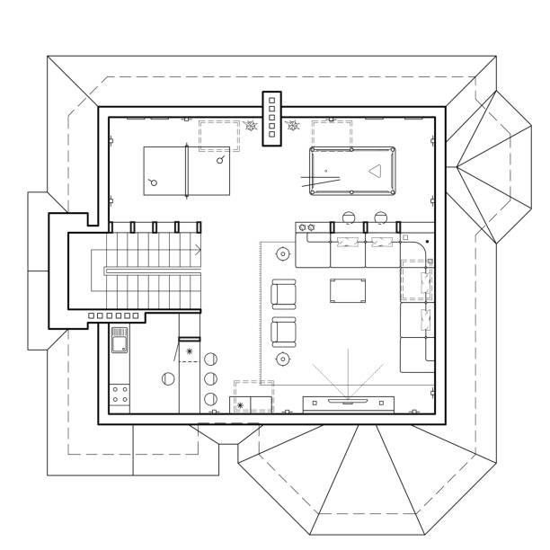 The attic floor in the cottage. Architectural plan of a house. Layout of the apartment with the furniture in the drawing view. Top view , with a pool table, living room and kitchen. Vector icons. Black and White architectural plan of a house. Layout of the apartment with the furniture in the drawing view. floor plan illustrations stock illustrations