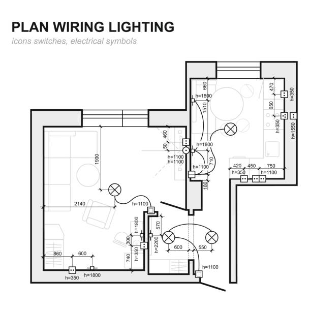 Plan wiring lighting. Electrical Schematic  interior. Set of standard icons switches, electrical symbols for blueprint. Floor plan blueprints, engineering and architecture drawings recessed light stock illustrations