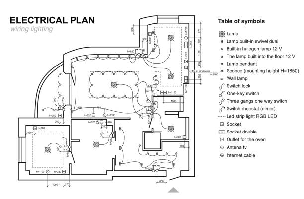 配線照明を計画します。電気回路図のインテリア。標準アイコン スイッチ、青写真の電気シンボルのセットします。 - house diagram点のイラスト素材／クリップアート素材／マンガ素材／アイコン素材