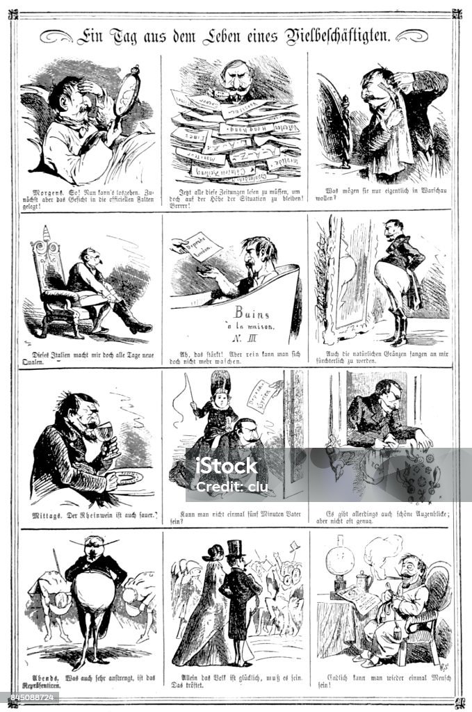 Slices of life of a stressed very busy man Illustration from 19th century 1890-1899 stock illustration