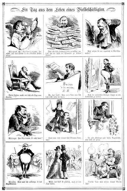 Slices of life of a stressed very busy man Illustration from 19th century drawing of slaves working stock illustrations