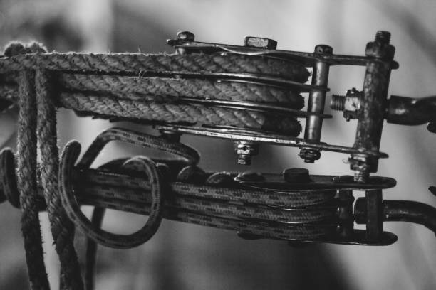 mounting cable hanging, black and white photo