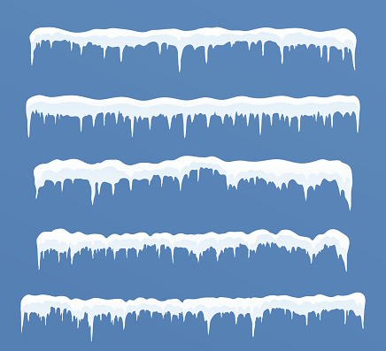 Set of long ice caps. Snowdrifts, icicles, elements winter decor.