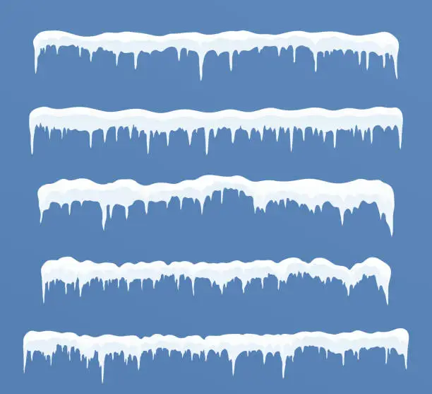 Vector illustration of Set of long ice caps. Snowdrifts, icicles, elements winter decor.