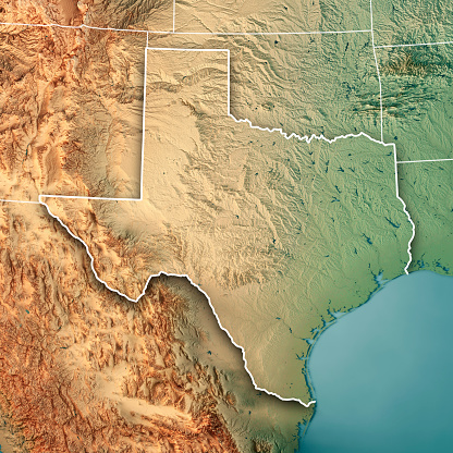 3D Render of a Topographic Map of the State of Texas, USA.\nAll source data is in the public domain.\nColor texture: Made with Natural Earth. \nhttp://www.naturalearthdata.com/downloads/10m-raster-data/10m-cross-blend-hypso/\nBoundaries Level 1: USGS, National Map, National Boundary Data.\nhttps://viewer.nationalmap.gov/basic/#productSearch\nRelief texture and Rivers: SRTM data courtesy of USGS. URL of source image: \nhttps://e4ftl01.cr.usgs.gov//MODV6_Dal_D/SRTM/SRTMGL1.003/2000.02.11/\nWater texture: SRTM Water Body SWDB:\nhttps://dds.cr.usgs.gov/srtm/version2_1/SWBD/